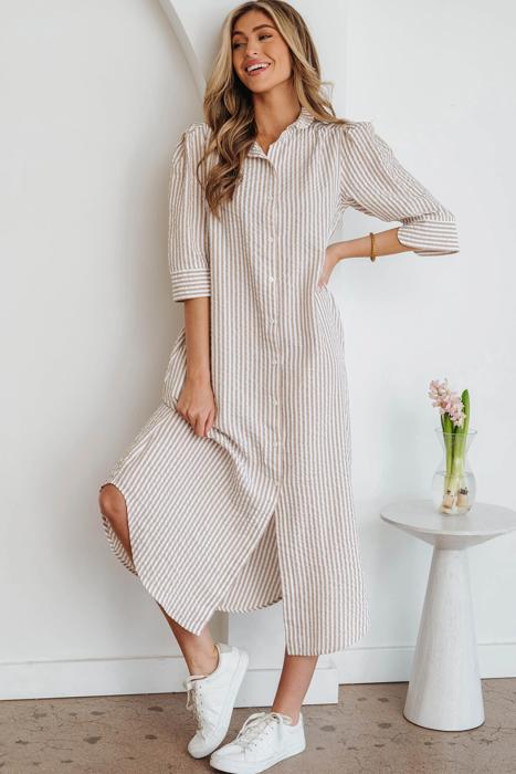 Striped Collar Half Sleeve Shirt Maxi Dress | S-XL