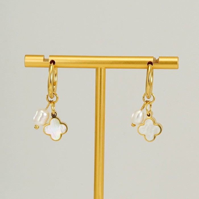 18k Stainless Steel Pearl & Clover Charm Hoops