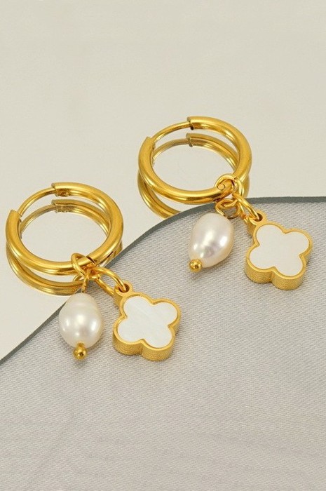 18k Stainless Steel Pearl & Clover Charm Hoops