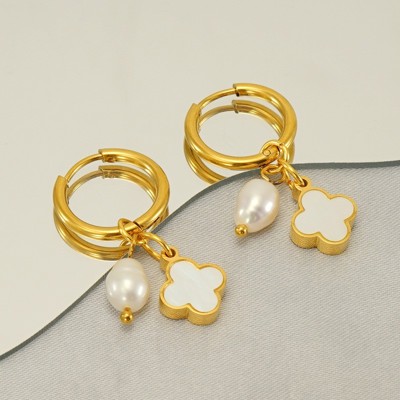 18k Stainless Steel Pearl & Clover Charm Hoops