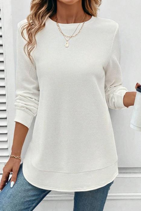 Waffle Knit Rounded Hem Long Sleeve Top | S-XL