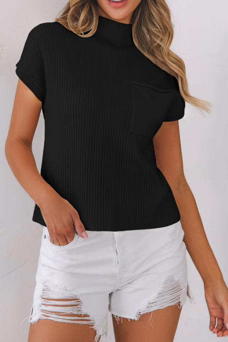 Pocket Ribbed Knit Short Sleeve Sweater | S-XL