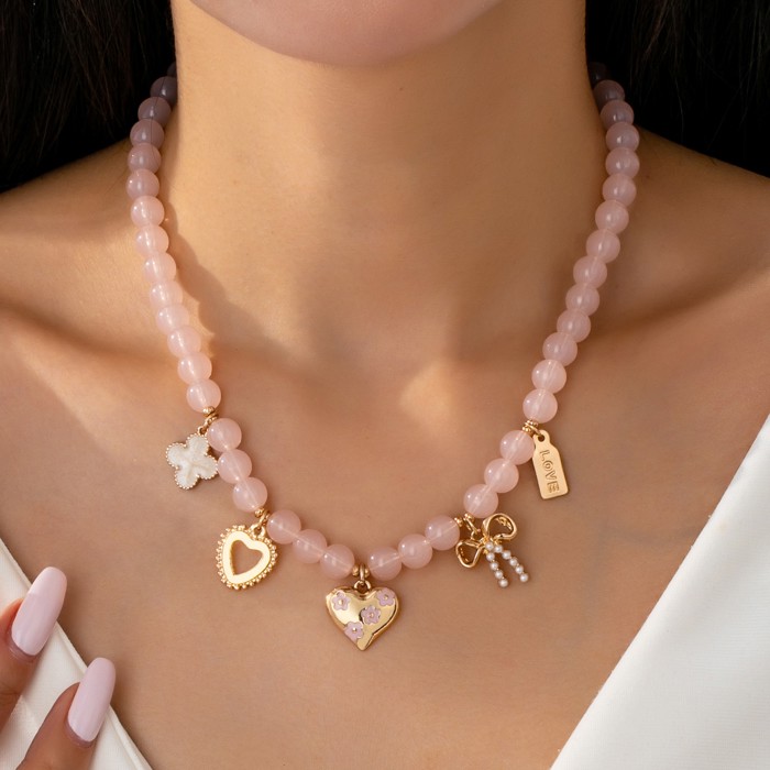 Beaded Charm Necklace-heart Bow Clover