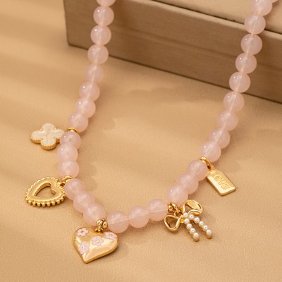 Beaded Charm Necklace-heart Bow Clover