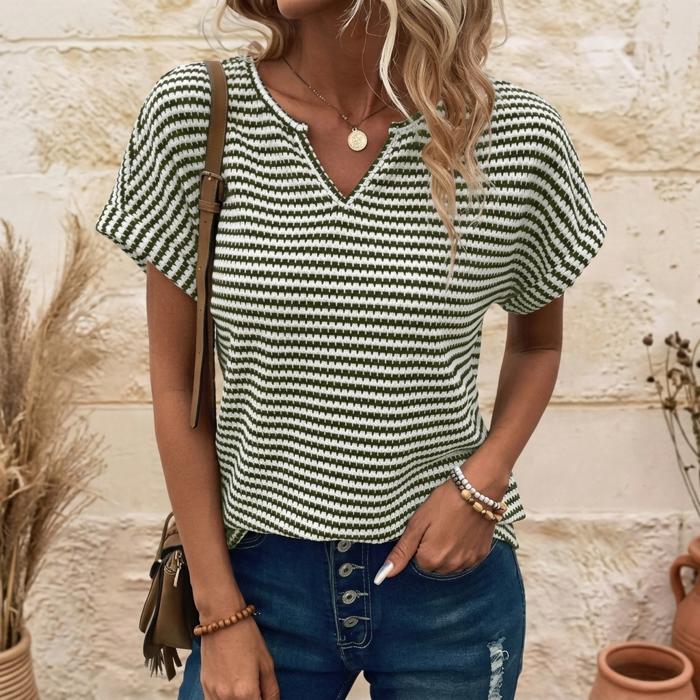 Notched V-Neck Textured Knit Short Sleeve Top | S-XL