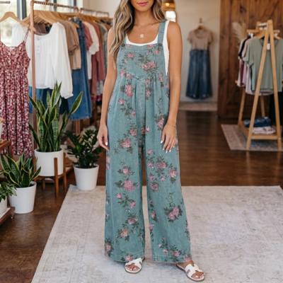 Pleated Floral High-Waist Wide-Leg Denim Jumpsuit | S-XL