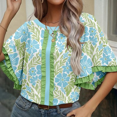 Floral Ruffle Colorblock Trim Blouse | S-XL