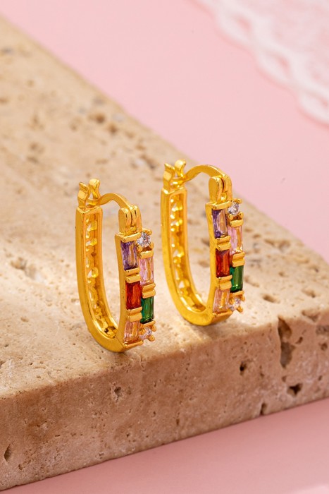 Rainbow Gemstone Bar Hoop Earrings