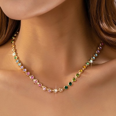 Rainbow Bezel-set Gemstone Tennis Necklace
