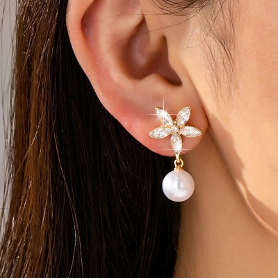 Glass Crystal Star-flower & Round Pearl Earrings