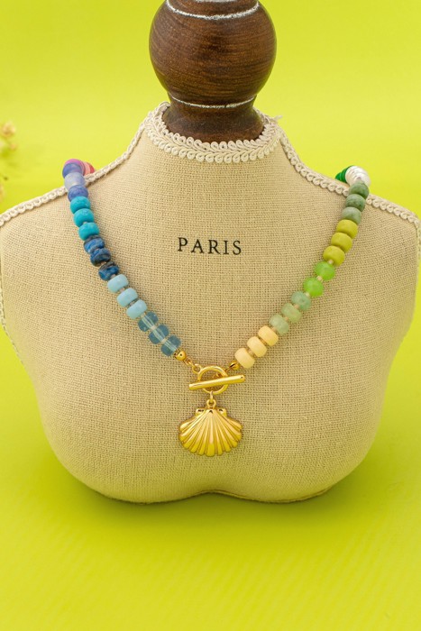 Rainbow Beaded Seashell  Toggle Charm Necklace