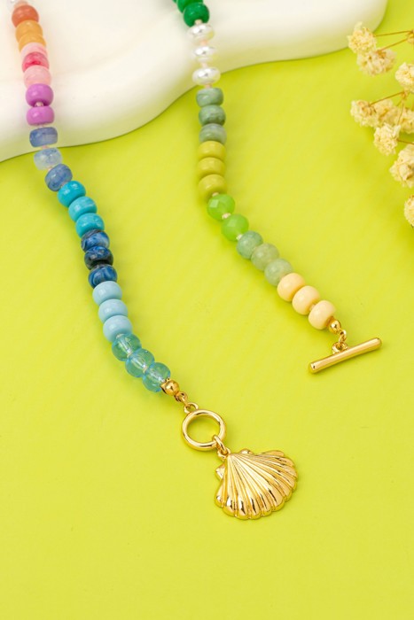 Rainbow Beaded Seashell  Toggle Charm Necklace