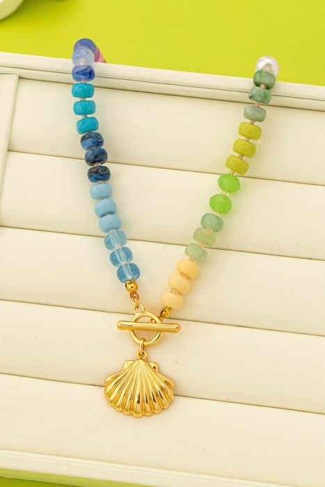 Rainbow Beaded Seashell  Toggle Charm Necklace