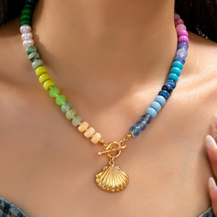 Rainbow Beaded Seashell  Toggle Charm Necklace