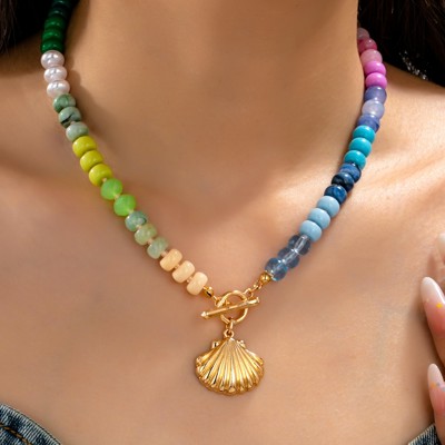 Rainbow Beaded Seashell  Toggle Charm Necklace