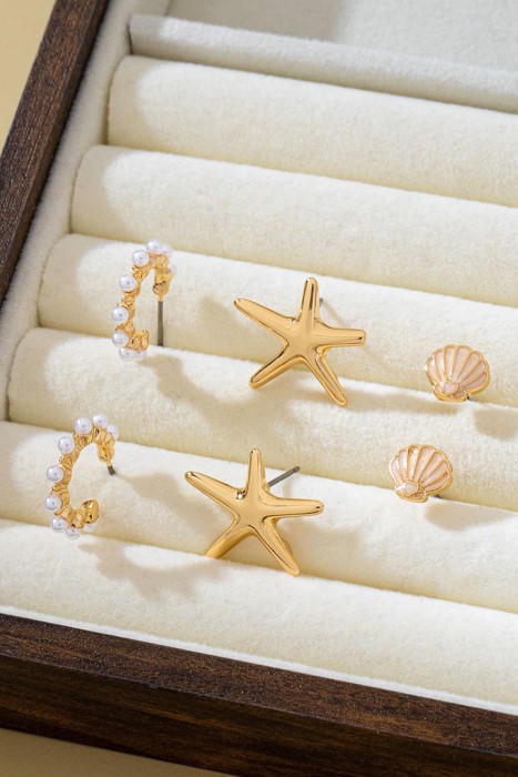 Nautical Shell Starfish Pearl Trio Earring Set