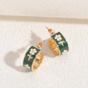 Green Garden Meadow Flower Enamel Huggie Hoop Earrings