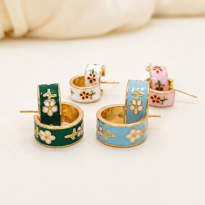 Garden Meadow Flower Enamel Huggie Hoop Earrings