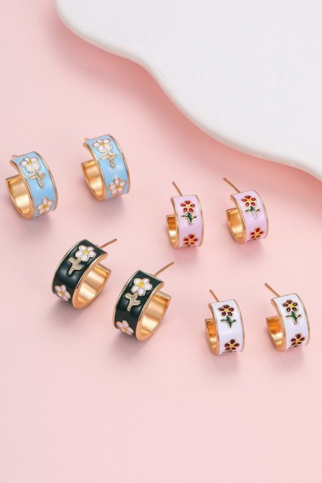 Garden Meadow Flower Enamel Huggie Hoop Earrings