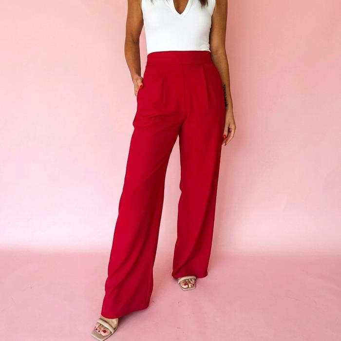 Pull On Pleated Detail High Elastic Waist Loose Straight Pants with Pockets | S- XL