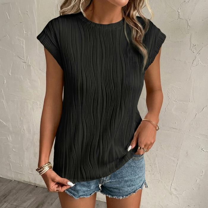 Wavy Texture Cap Sleeve Blouse | S-2XL | Free Shipping