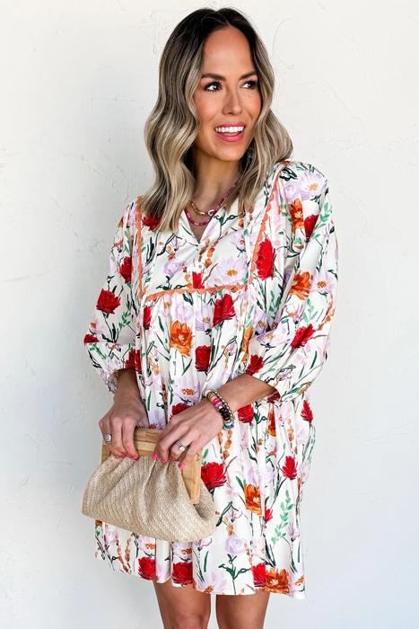 Floral Print Ricrac Trim Puff Sleeve Mini Dress | S-XL