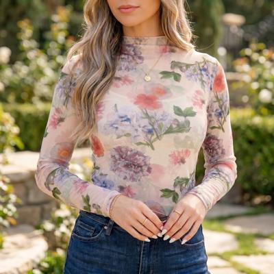 Floral Mesh Fitted Long Sleeve Top | S-XL