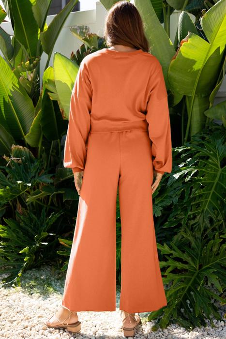 Drop Shoulder Puff Sleeve Cropped Pullover Pants Set | S-XL