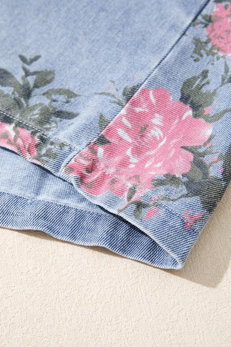 Floral Print Denim Button-Down Shift Dress | S-XL