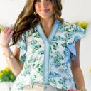  Floral Contrast Stripe Trim Blouse | S-XL