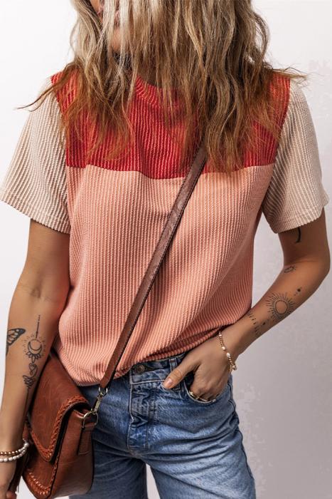 Rib Textured Colorblock Short Sleeve Top | S-XL