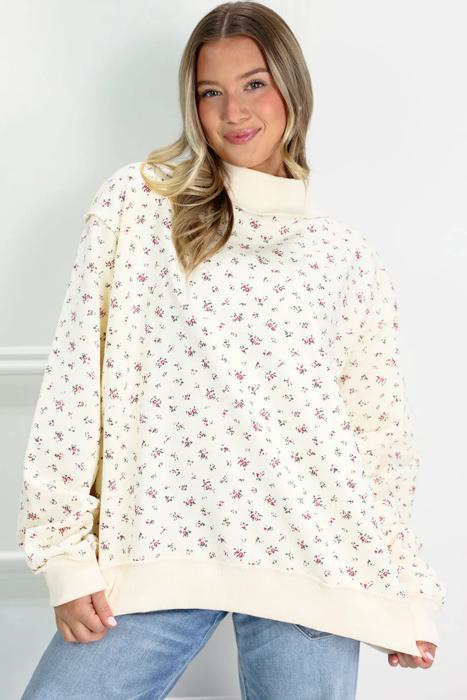 Cozy High-Neck Floral Detail Sweatshirt | S-XL