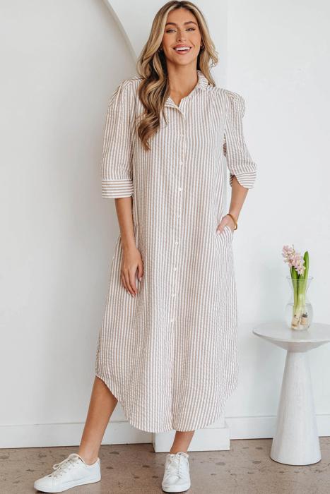 Striped Collar Half Sleeve Shirt Maxi Dress | S-XL