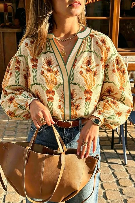Floral Print Long Sleeve V-Neck Shirt | S-XL