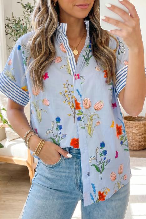 Floral Striped Patchwork Ruffled Collar Shirt | S-XL