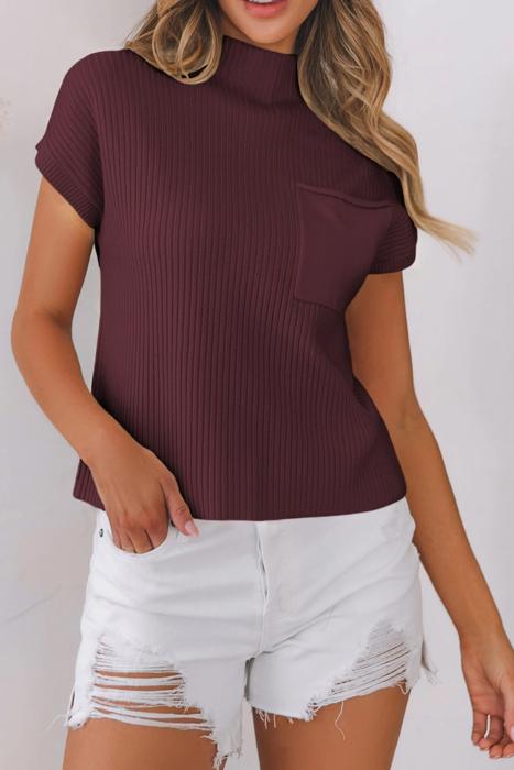 Pocket Ribbed Knit Short Sleeve Sweater | S-XL