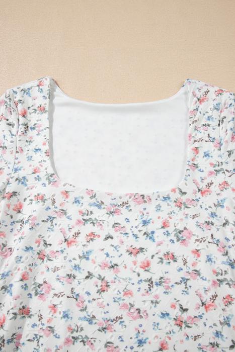 Floral Print Textured Square Neck Long Sleeve Top | S-XL
