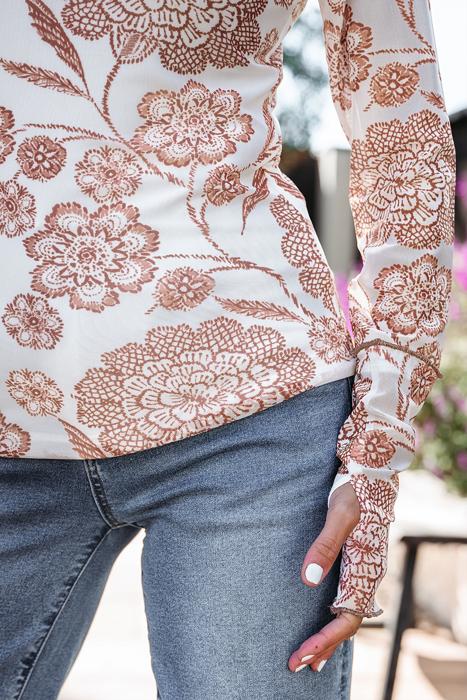 Thumbhole Long Sleeve Floral Print Mesh Top | S-XL