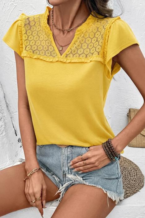 Sheer Lace Split Neck Ruffle Blouse | S-XL