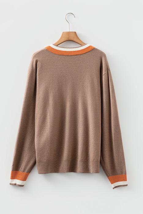 Contrast Striped Trim V Neck Varsity Light Sweater | S-XL