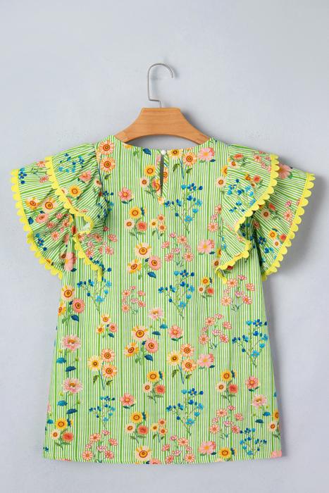 Stripe Floral Ruffle Sleeve Top | S-XL