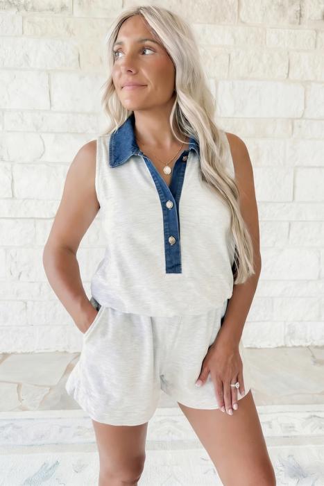 Denim Patchwork Polo Collar Sleeveless Romper | S-XL