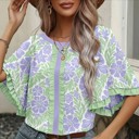 Small Purple Floral Ruffle Colorblock Trim Blouse | S-XL