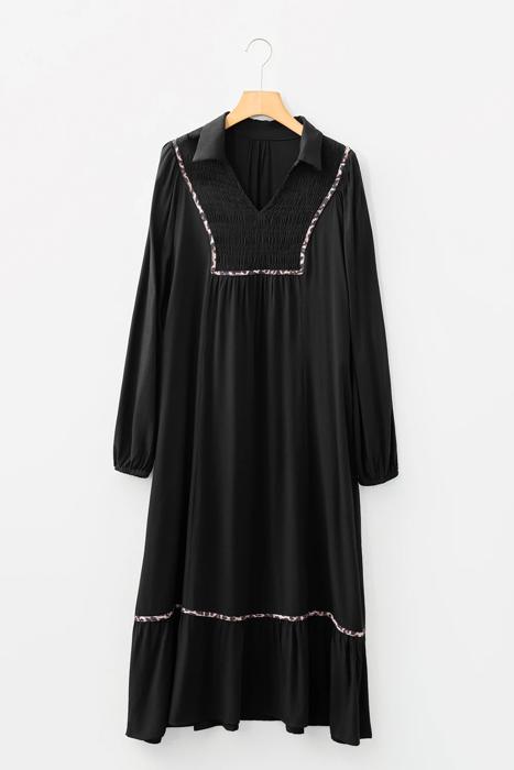 Collared V-Neck Leopard Trim Maxi Dress | S-XL