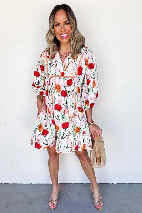 Floral Print Ricrac Trim Puff Sleeve Mini Dress | S-XL