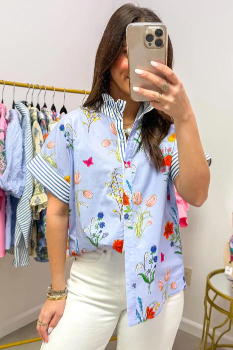 Floral Striped Patchwork Ruffled Collar Shirt | S-XL
