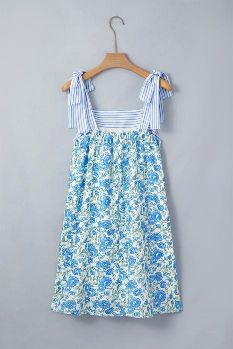 Floral Print Bow Strap Patchwork Mini Dress | S-XL