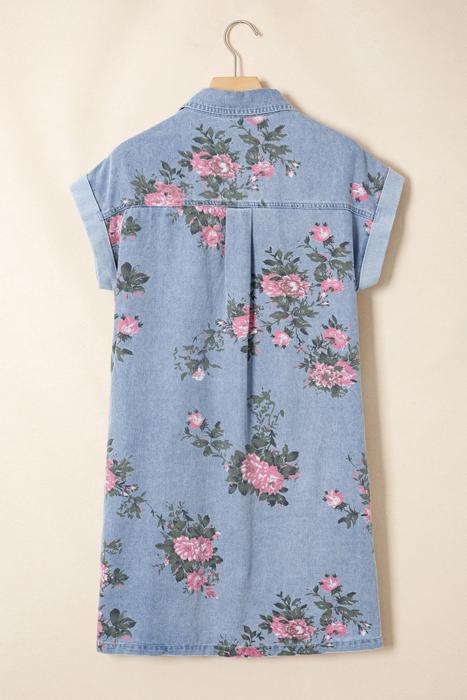 Floral Print Denim Button-Down Shift Dress | S-XL