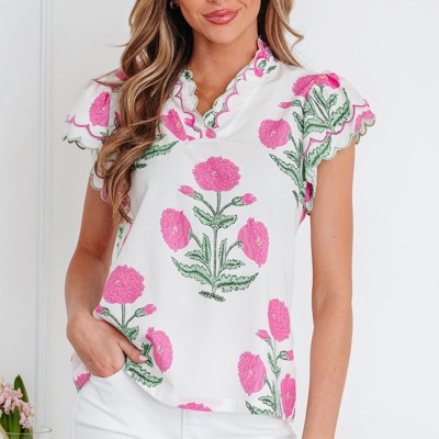 Floral  Print Scallop Trim Blouse | S-XL