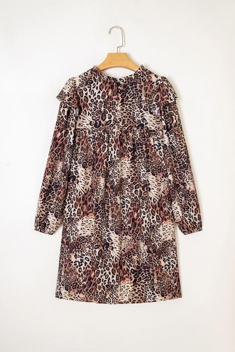 Leopard Print Ruffled Long Sleeve Mini Dress | S-XL